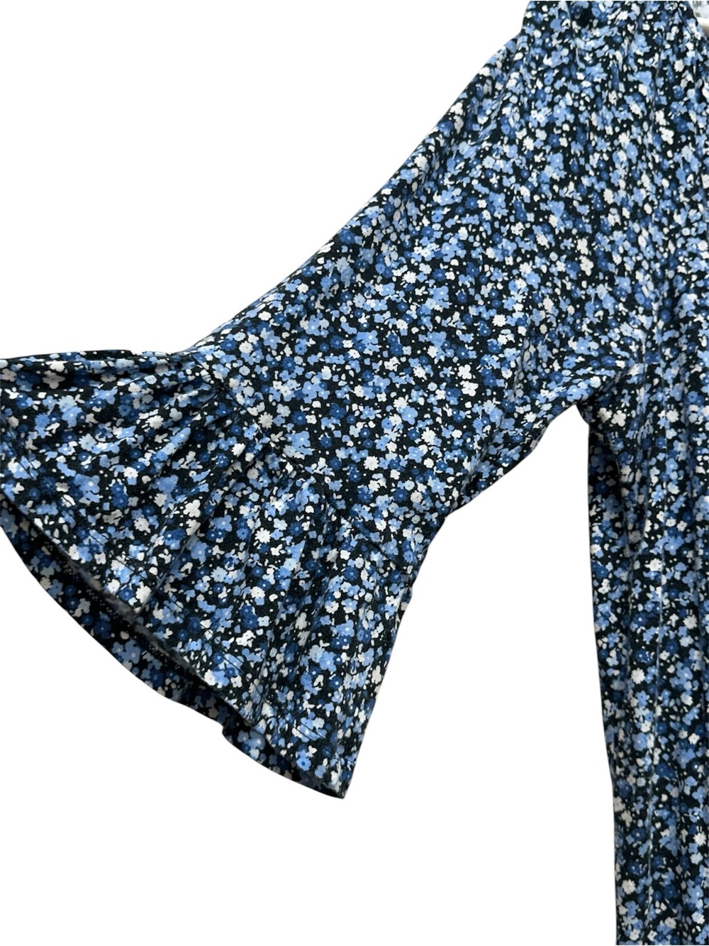 Michael Kors Peasant Cottage Blue Floral Top Blouse Sz L Bell Sleeve Stretch - Picture 3 of 8